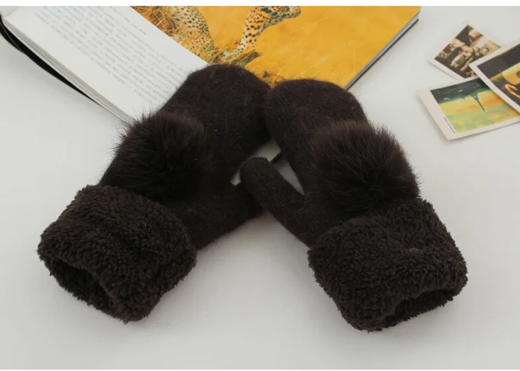 dark brown Новые модные зимние перчатки, варежки без пальцев для женщин, натуральный мех, помпон, теплые шерстяные перчатки - Цвет: dark brown