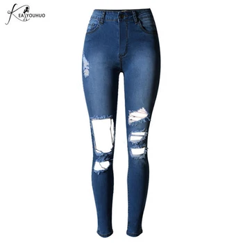 

New 2018 Summer High Waist Skinny Mom Jeans WomanBoyfriend Ripped Jeans For Women Pants Holes Ladies Pencil Denim Jeans Female