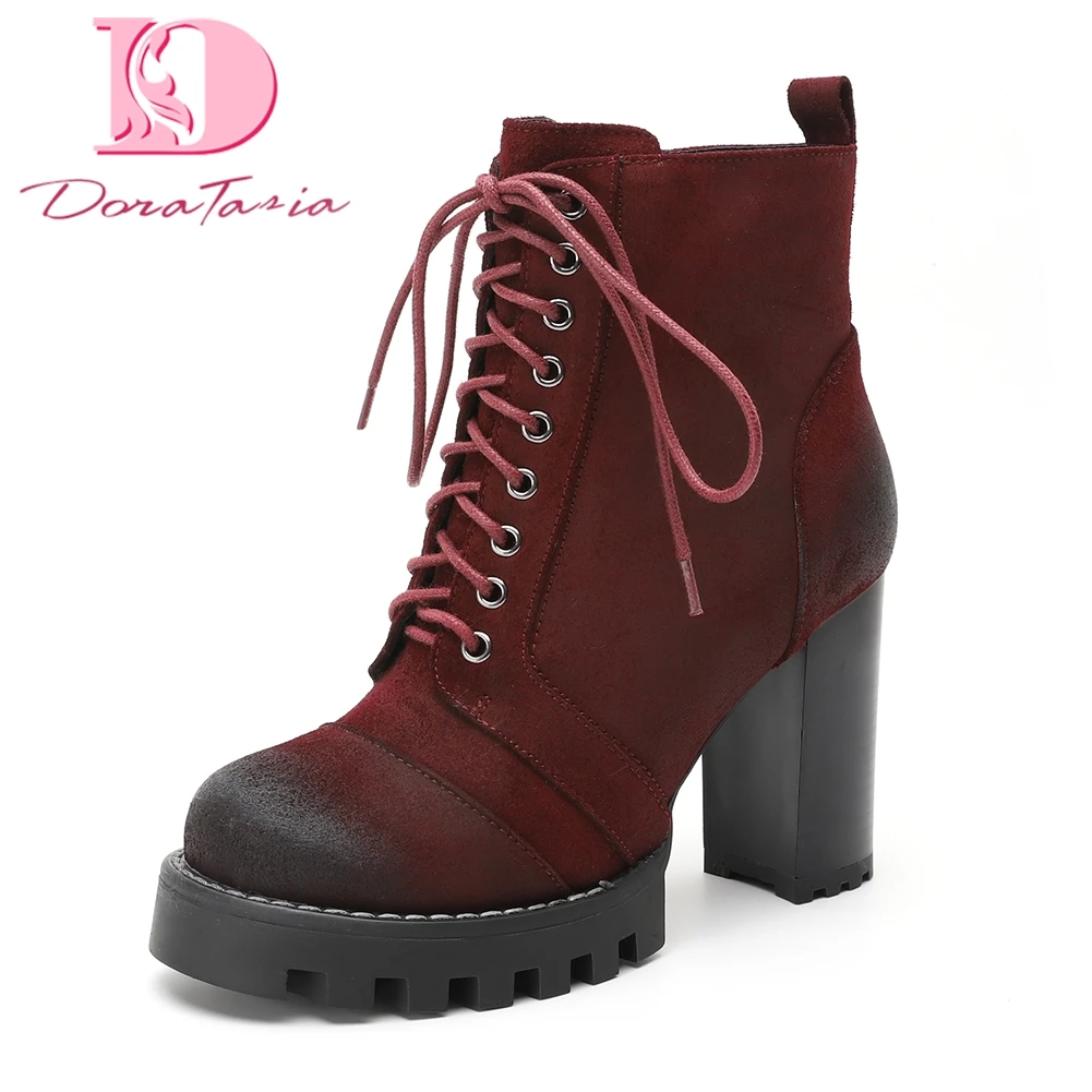

Doratasia Brand New Best Quality Cow Suede Leather Women Shoes Ankle Boots Fashion Winter High Heels Shoelaces Boots Woman Shoes