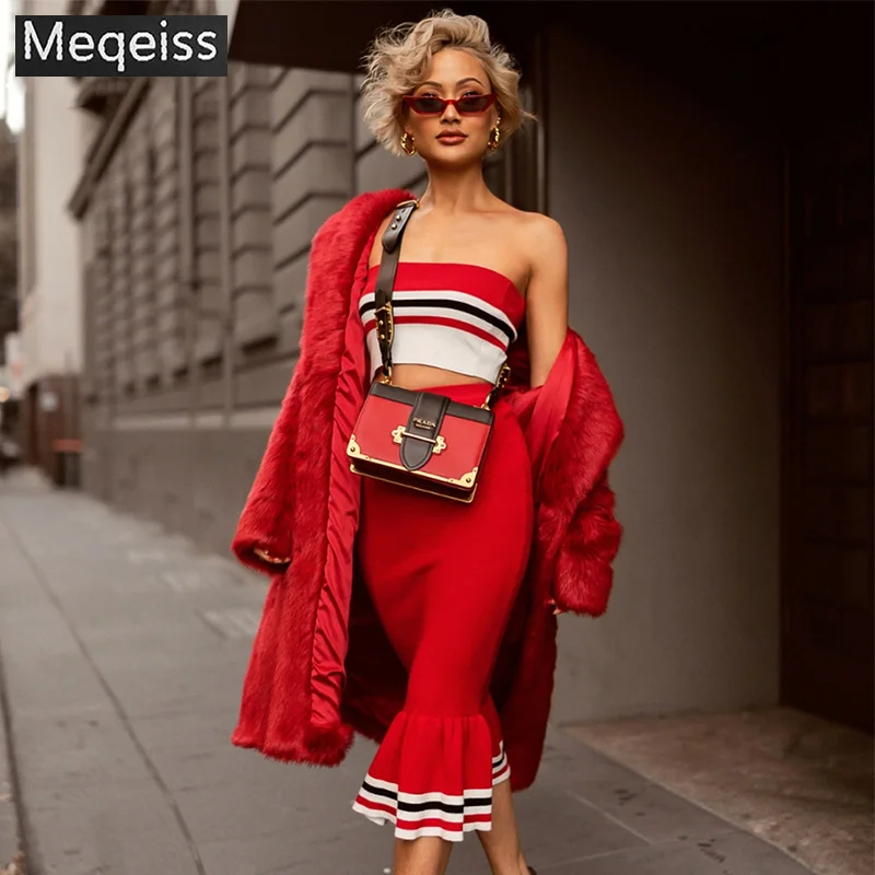2019 Nieuwe Mode Strapless Chic Vrouwen Party Jurk Twee Stukken Sets Hol Rode Sexy Dames Bandage Ruche Rits Knie jurk