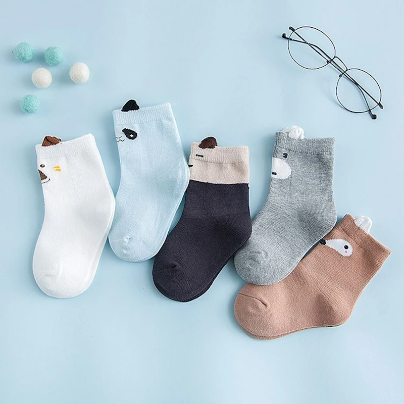 Myudi - 5 Pairs/lot Spring Children Socks Combed Cotton Baby Carton Animal Girl Sock Airy Boys Short Fox Kitty Socks 0-5Y