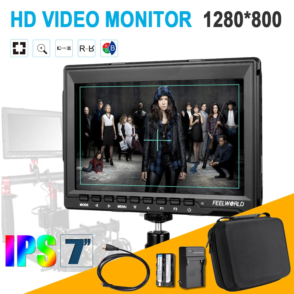 

Feelworld FW759 7" HD IPS 1280x800 Field Monitor HDMI Input for BMPCC DLSR Camera Kit + Travel Carrying Case + Battery + Cable
