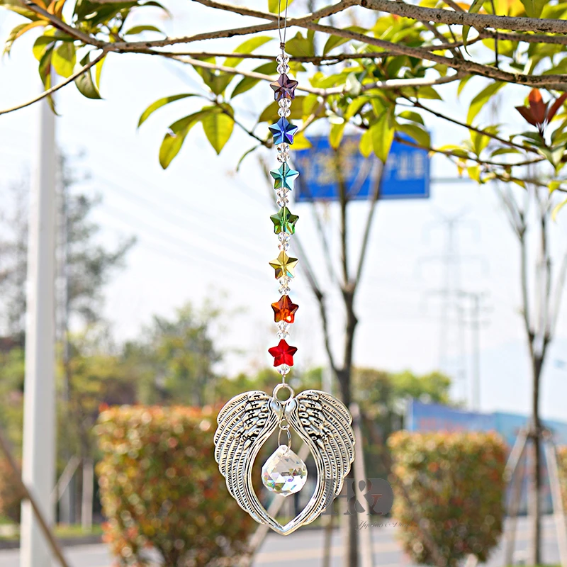 H&D Chakra Crystal Angel Wing Pendant with Crystal Ball Hangings Rainbow Maker Suncatcher for Home Window Decor