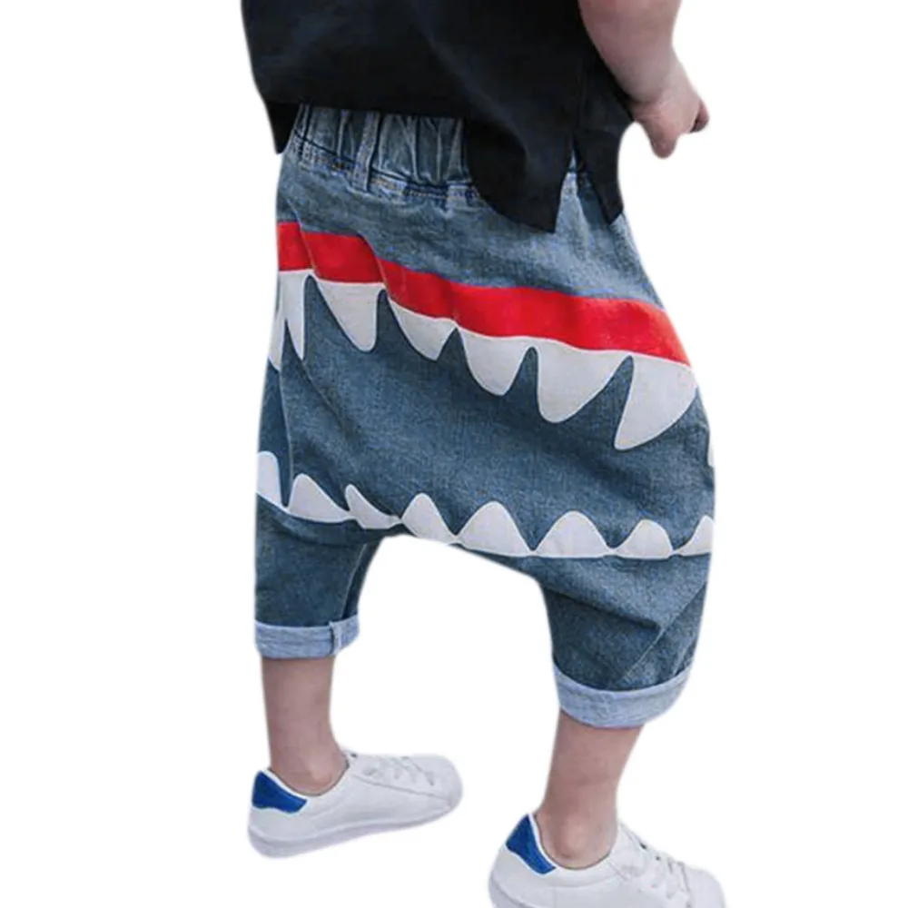 Джинсы-шаровары с рисунком акулы для маленьких мальчиков и девочек, джинсовые штаны, брюки, L306