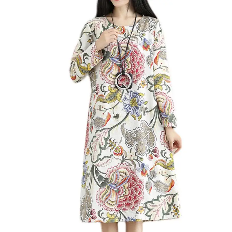 

Winter Ethnic Style Loose Large Size Slim Thick Printed Long Cotton Linen Round Neck Dress Merternity Dresses Pregnancy Clothes