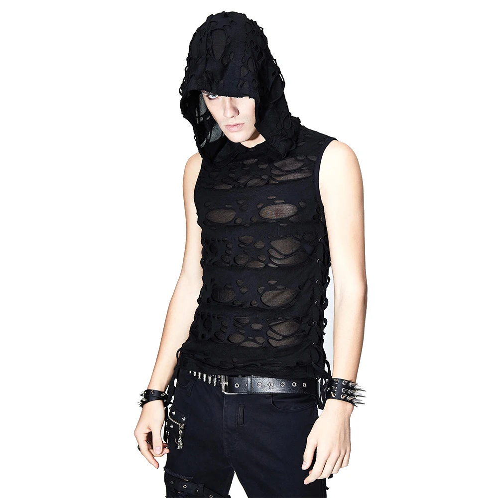 

New Gothic Steampunk Mens Vests Hole See Through Straps Side Vest Black Sleeveless Summer Tops with Hat
