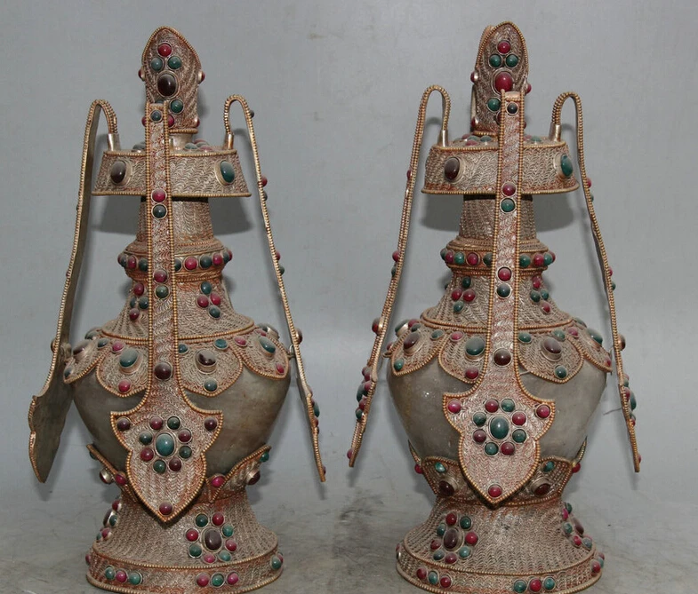 

JP S62 13" China palace crystal Copper handle bead Wine Tea Pot Flagon Bottle Vase Pair