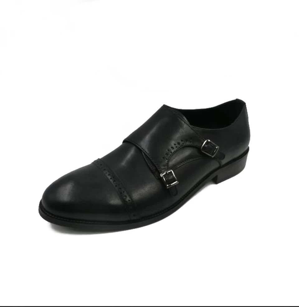 Черные Мужские модельные туфли без застежки с пряжкой на плоской подошве; обувь с перфорацией типа «броги»; цвет коричневый; офисная обувь; большие размеры; натуральная кожа; коровья кожа; монах; Ремешок