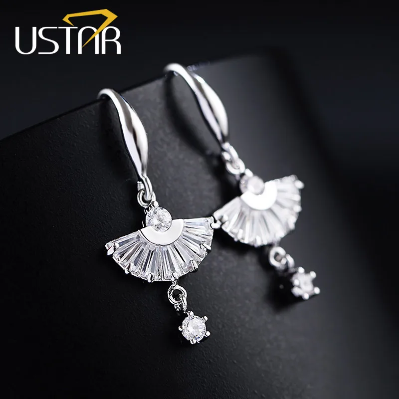 

USTAR Geometric fan-shaped Crystals drop Earrings for Women AAA Cubic Zirconia Fashion Jewelry Earrings female brincos gifts