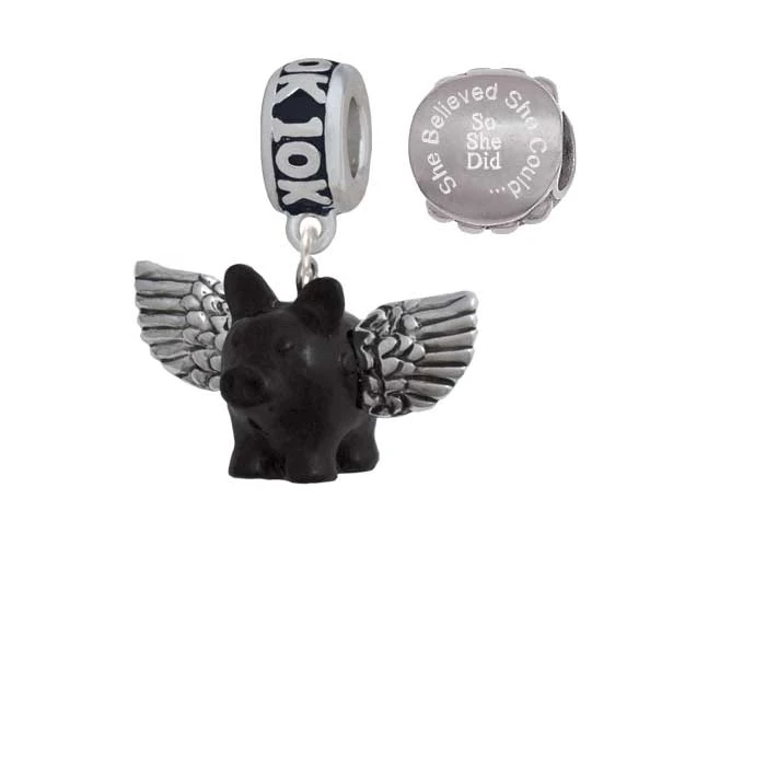 Black Flying Pig with Wings 10K Run She Believed She Could Charm Beads (Set of 2)