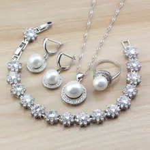AAA+ качество Дубай Свадебный костюм 925 серебряные ювелирные наборы с натуральным пресноводным жемчугом белый камень CZ для женщин наборы
