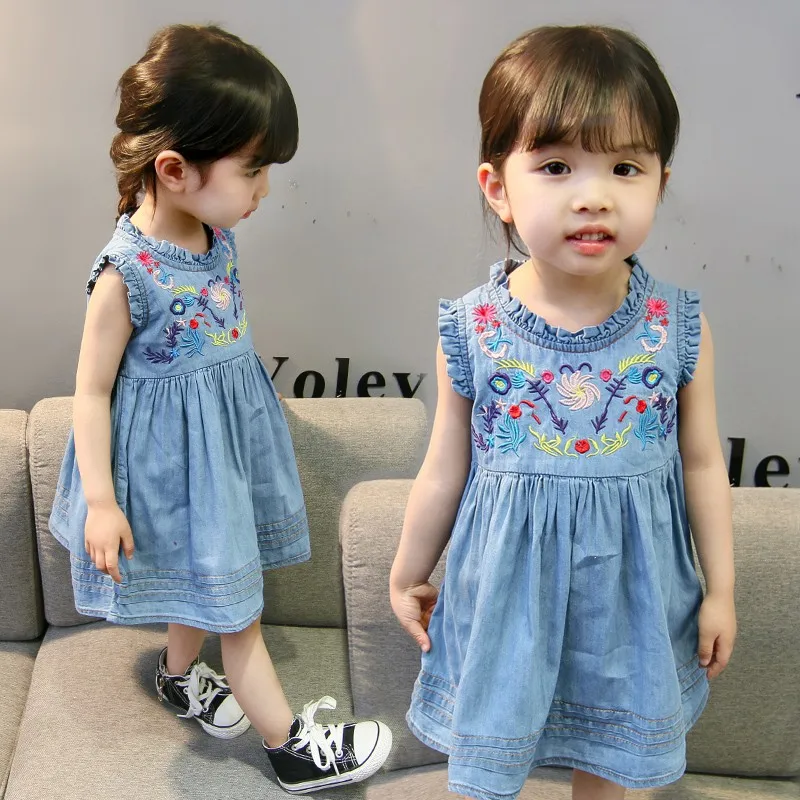 COOTELILI 70-120cm Fashion Summer Children Clothing Cute Embroidery Denim Dress Kids Girls Daughter Jeans Dresses Girl  (3)
