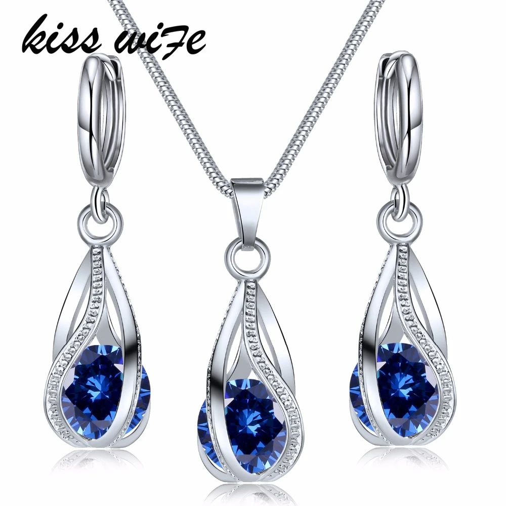 

KISSWIFE 2018 New Style Water Drop Pendent Transparent Zircon Cubic Snake Chain Necklace Earrings Jewelry Set for Women Bridal