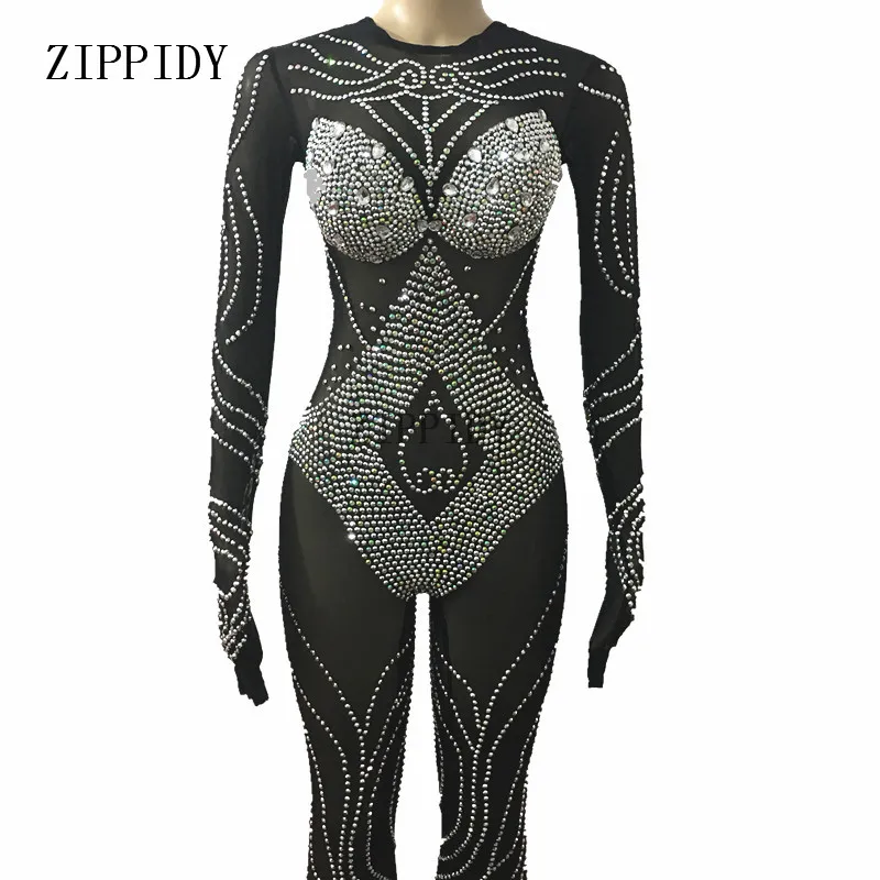 On Sale Black Mesh Sparkly Crystals Bodysuit Sexy Leggings Headpiece Costume Dance Performance