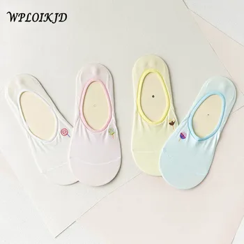 

[WPLOIKJD] 4 Pair Gift Box Stealth Lovely Fashion Ship Socks New Pure Candy Color Lollipop Embroidery Women Socks College Style