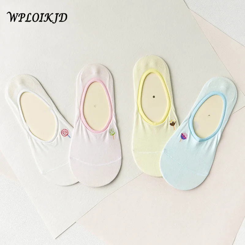 [WPLOIKJD] 4 Pair Gift Box Stealth Lovely Fashion Ship Socks New Pure Candy Color Lollipop Embroidery Women College Style | Женская