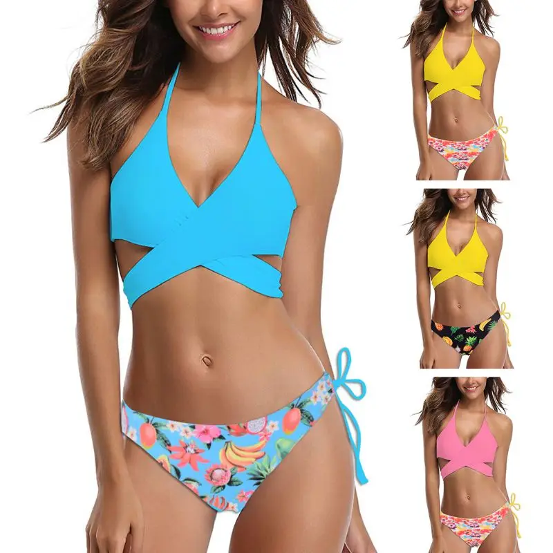 

Women Sexy Two Piece Bikini Set Deep V-Neck Solid Cross Bandage Wrap Front Bra Side Tie Floral Fruits Print Bathing Swimsuit New