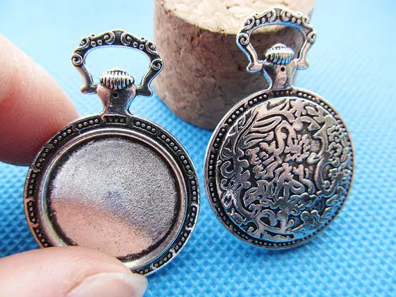 

10pcs Antique Silver tone/Antique Bronze Vintage Pocket Watch Base Setting Pendant Charm/Finding,20mm Cabochon/Cameo Tray Bezel