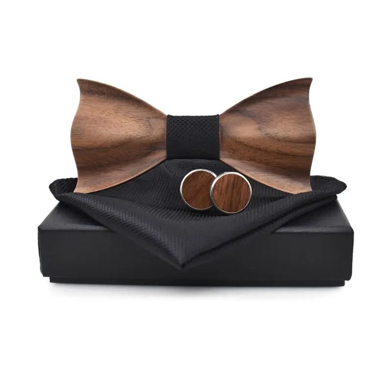  Men's Classic 3D Black Walnut Wooden Bowtie Handkerchief Cufflinks Gift Box for Male Wedding Party 