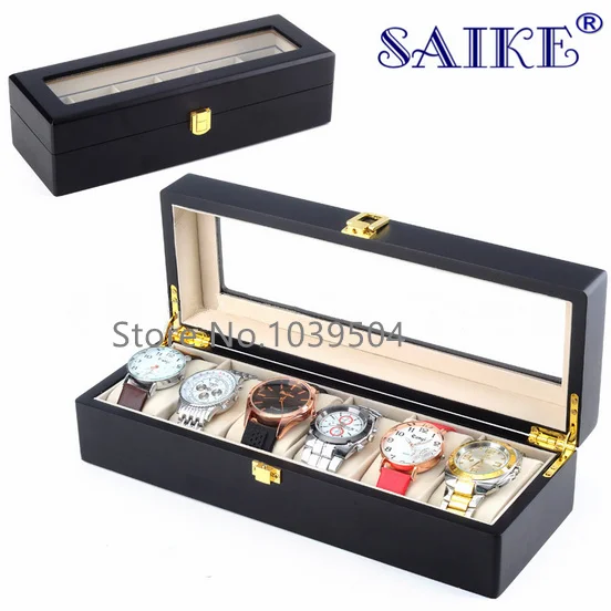 

6 Slots Watch Display Box Black MDF Wood Watch Organizer Case Fashion Watch Storage Packing Gift Holder