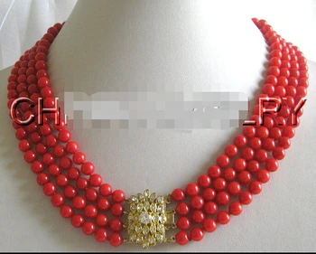 

Hot sale Free Shipping>>>>>Beautiful 17-20" 4row AAA 7mm perfect round red coral necklace - zircon clasp