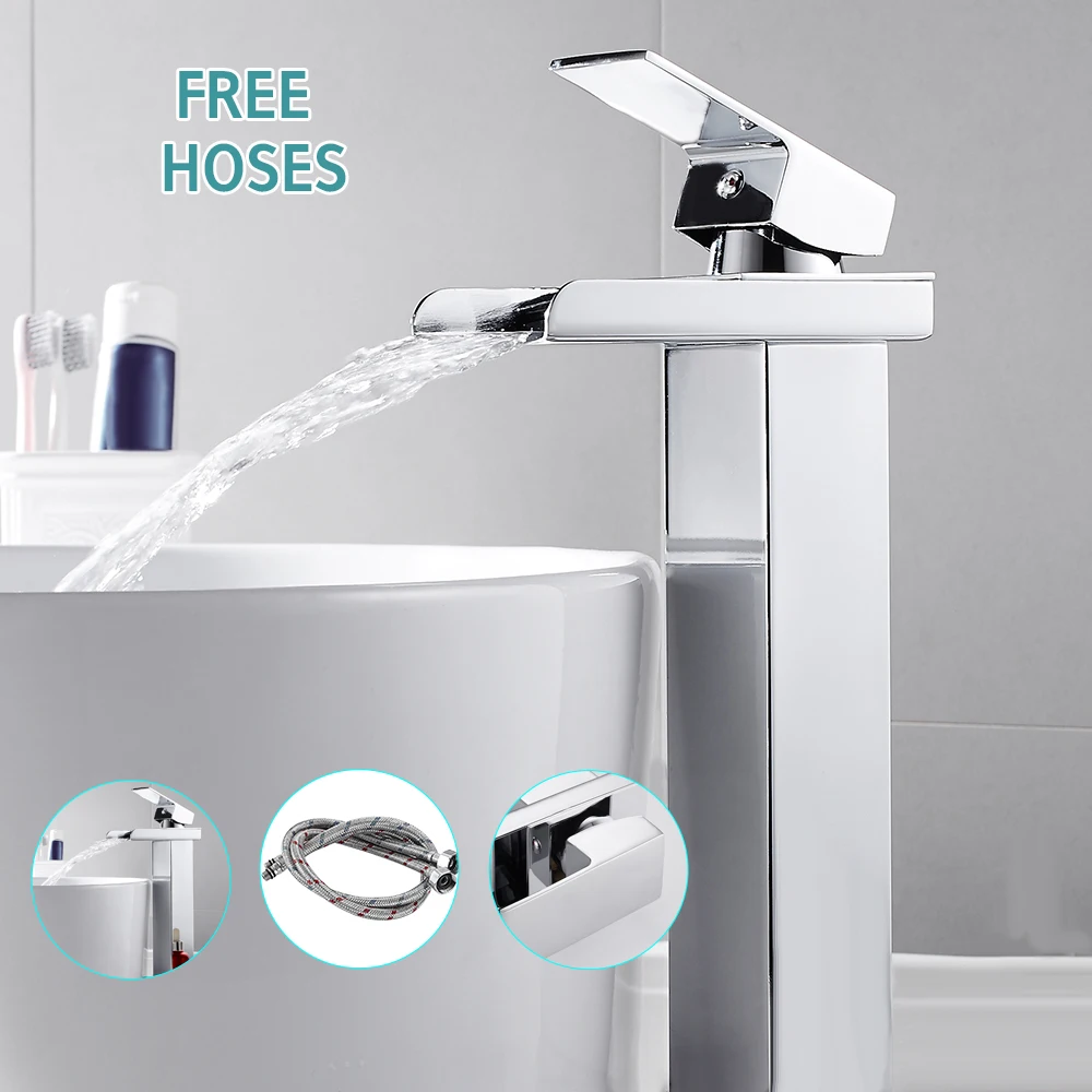 

Basin Faucet Mixer Taps Bathroom Sink Tall Single Lever Chrome Waterfall Bathroom Wash Faucet Sinks Cold and Hot Water