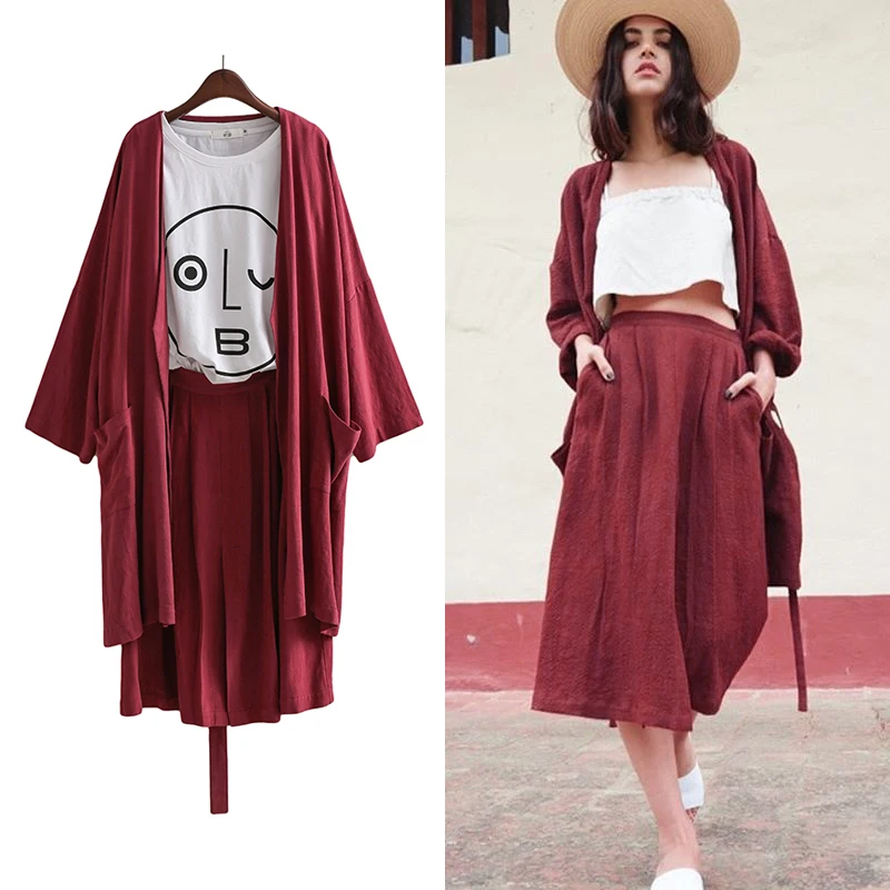 [Para Gladself] Roupas das mulheres 2017 Moda Casual Desgaste Do Feriado 3/4 de Manga Longa Cardigan + Dividir Uma Linha Midi Saia Dois 2 Peça conjunto