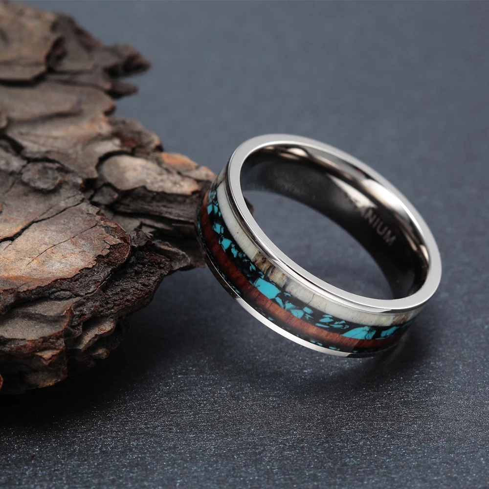 8mm Vintage Wood Antlers Inlay Titanium Ring Engagement Rings For Women Men Wedding Band Fashion Love Ring Jewelry anillos mujer