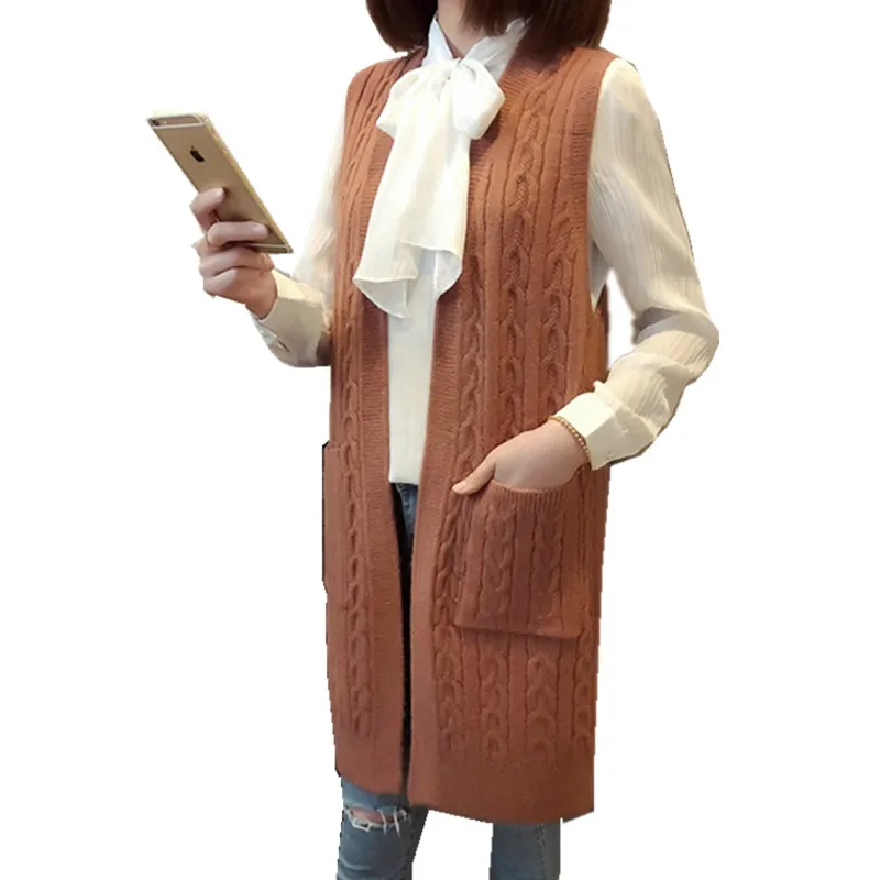 Осень Твист трикотажные жилеты для женщин Сплошной свободный шерстяной женский свитер пальто v-образный вырез без рукавов зимний модный
