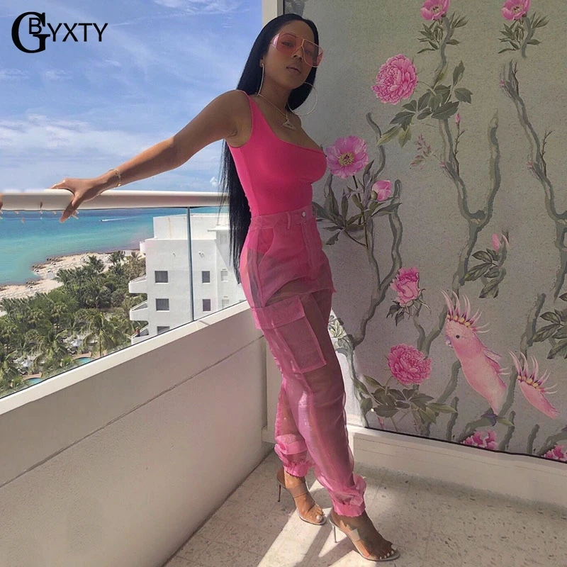 

GBYXTY Sexy Transparent Organza 2 Piece Pants Set Women One Shoulder Bodysuit and Pants Two Piece Set Summer Matching Suit ZL340