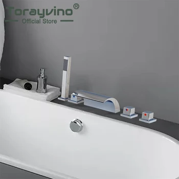 

5 pieces waterfall bathtub Shower Faucet set Chrome Polished 3 Handle Deck Mounted Waterfall Basin Faucet Hot Cold Water Tap