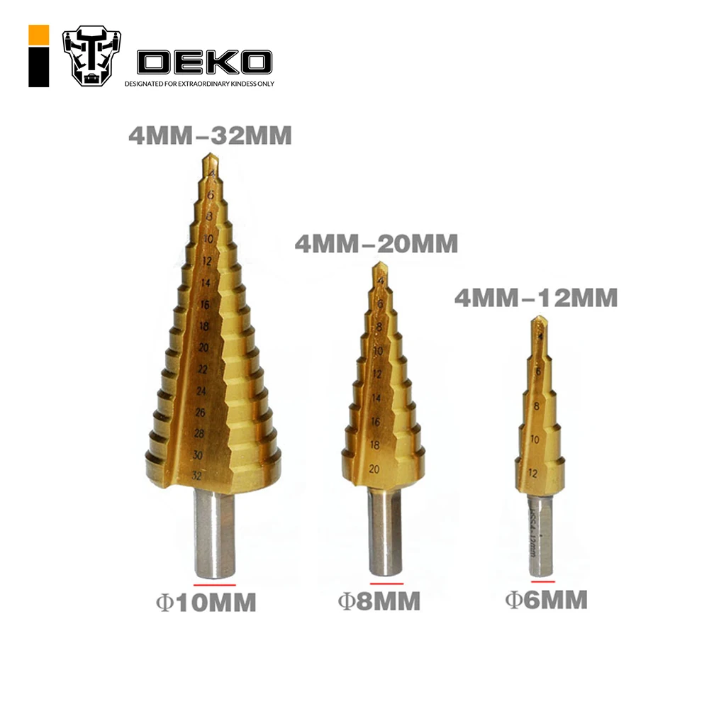 DEKO Новый 3 шт. Cut Набор Инструментов Большой Шаг Конуса С Титановым Покрытием Металла Из БЫСТРОРЕЖУЩЕЙ Стали Сверло Резец Отверстия 4-12/20/32 мм Дрель