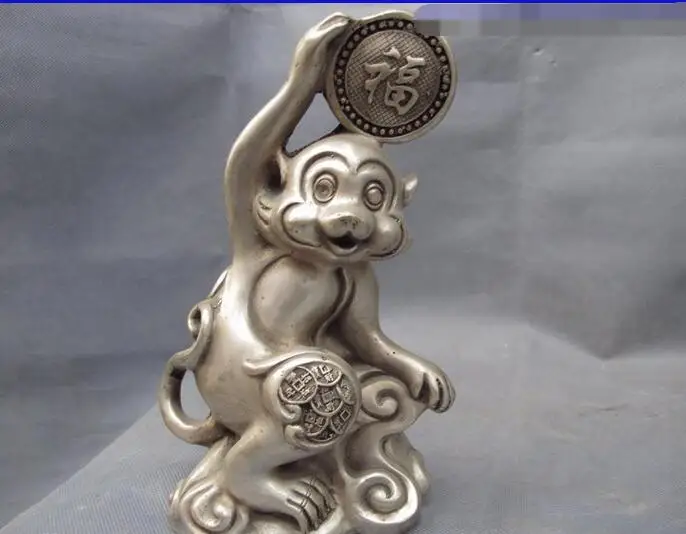 

free Chinese Folk White Copper Silver Feng shui Lucky Wealth Coin Zodiac Monkey Statue fast