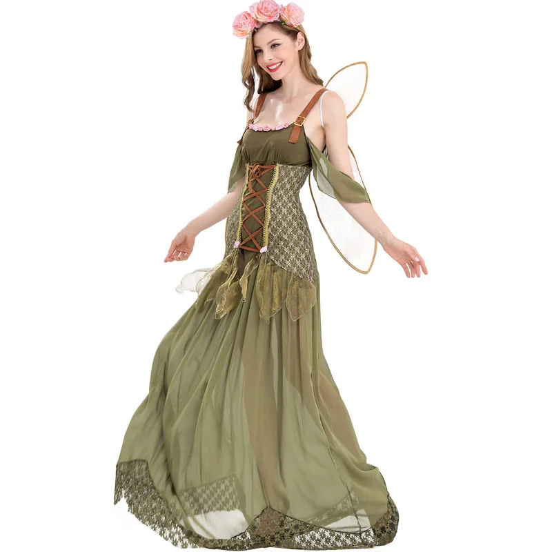 

Green Forest Flower Fairy Long Dress Halloween Costume Cosplay