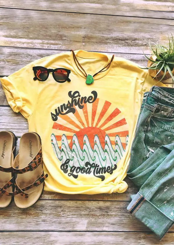 

Women Summer Graphic Short Sleeve T-shirt Femme Plus Size Sunshine Good Times Yellow tee Girl 90s Harajuku Tops Korean Clothes