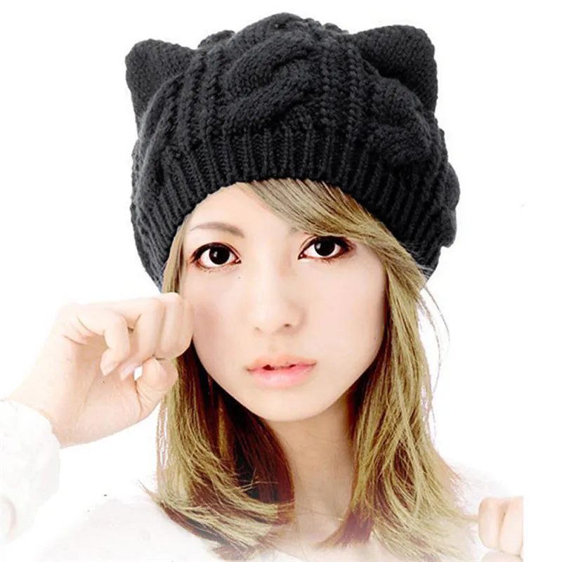 

Cat Ears Beanie caps Women winter warm Hemp Flowers Knitted Hats Fashion Orecchiette knit cap sale