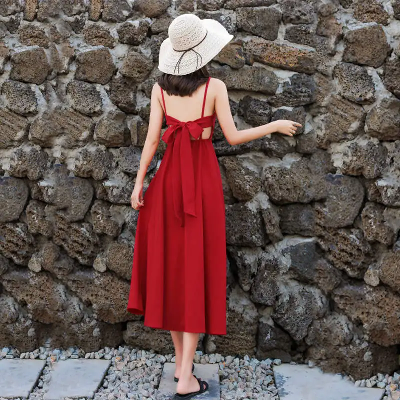 Новое летнее женское платье Jurken Макси длинное сексуальное платье на бретельках красное женское пляжное платье без рукавов женское платье с открытой спиной C5239