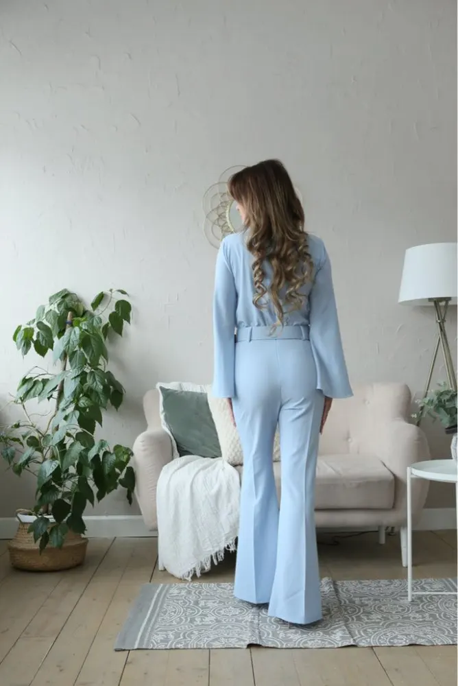 high neck bell sleeve wide leg jumpsuit with belt