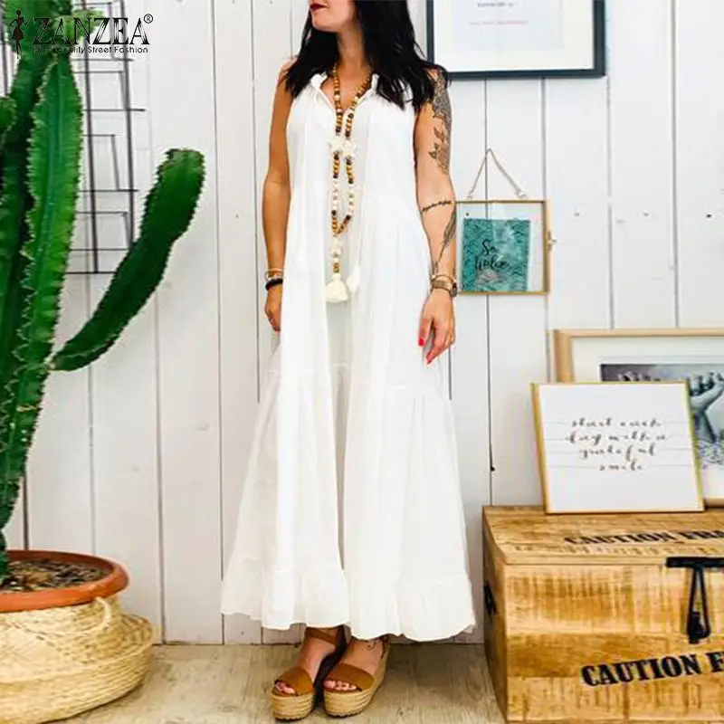 

ZANZEA Bohemian Summer Ruffles Dress Women Sleeveless Solid Long Sundress Robe Femme Sarafans Dresses Tunic Casual Tanks Vestido