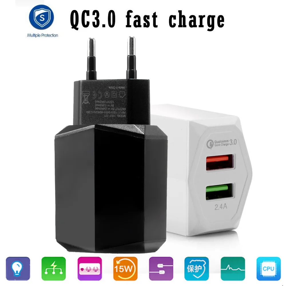 

QC 3.0 Quick Fast Charging Travel Home AC To Phone Dual USB Wall Charger EU Plug phone charger portable charger Drop Shipping