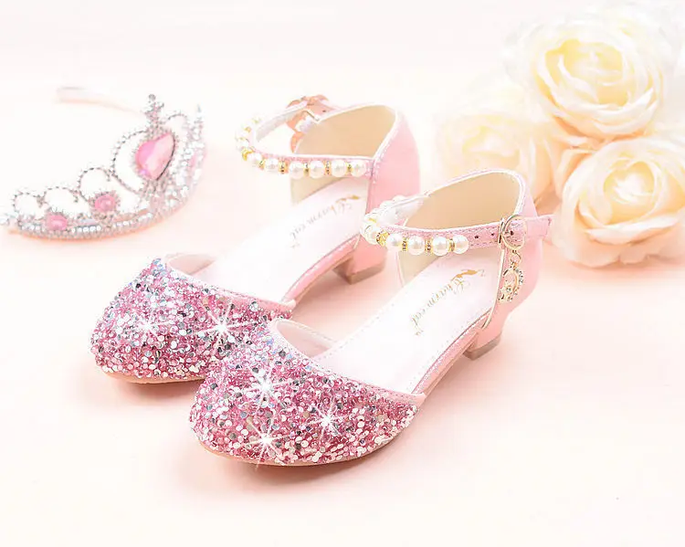 Contas de Cristal Sapatos de Dança de Salto Crianças Menina Sapatos Meninas Alto Festa Princesa Tamanho 26-38 Tira Rosa Gzx03 18 High Quality Mamãe e Bebê
