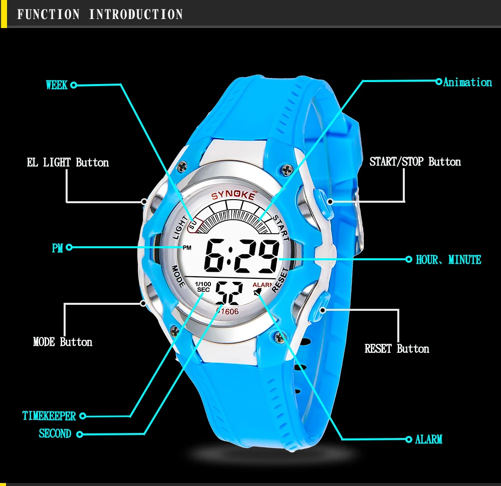 SYNOKE детские спортивные часы, модные светодиодный цифровые кварцевые часы для мальчиков и девочек, водонепроницаемые электронные наручные часы 50 м