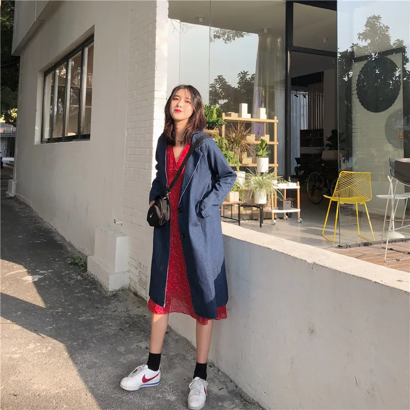Denim Trench Coat Casual Student Style Fashion Hot Women Full Sleeve Long Coats Single Breasted Windbreaker