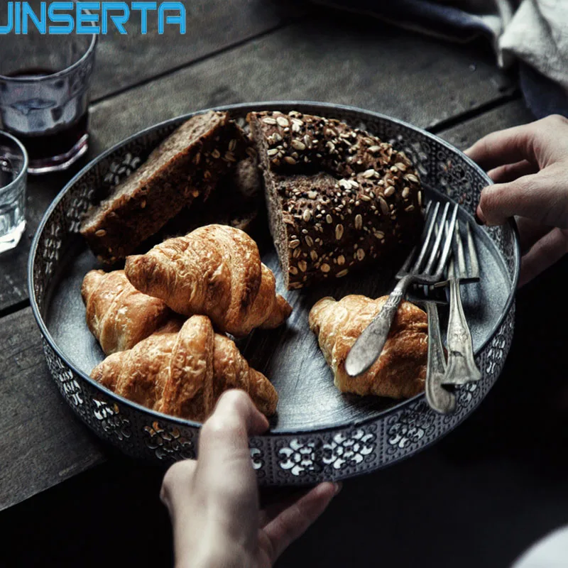 

JINSERTA Metal Serving Tray Fruit Dessert Cake Bread Plate Antique Iron Handcrafted Storage Basket for Home Church Wedding