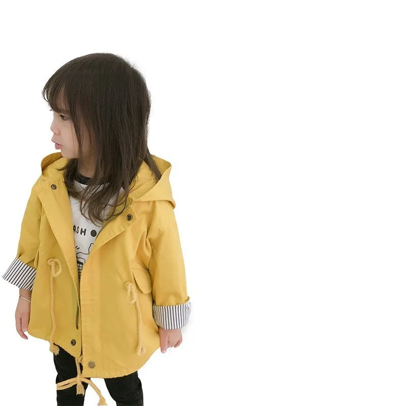  Toddler Baby Outwear Yellow Fashion Hooded Windbreaker For Girls Lovely Pocket Kids Trench Coat New