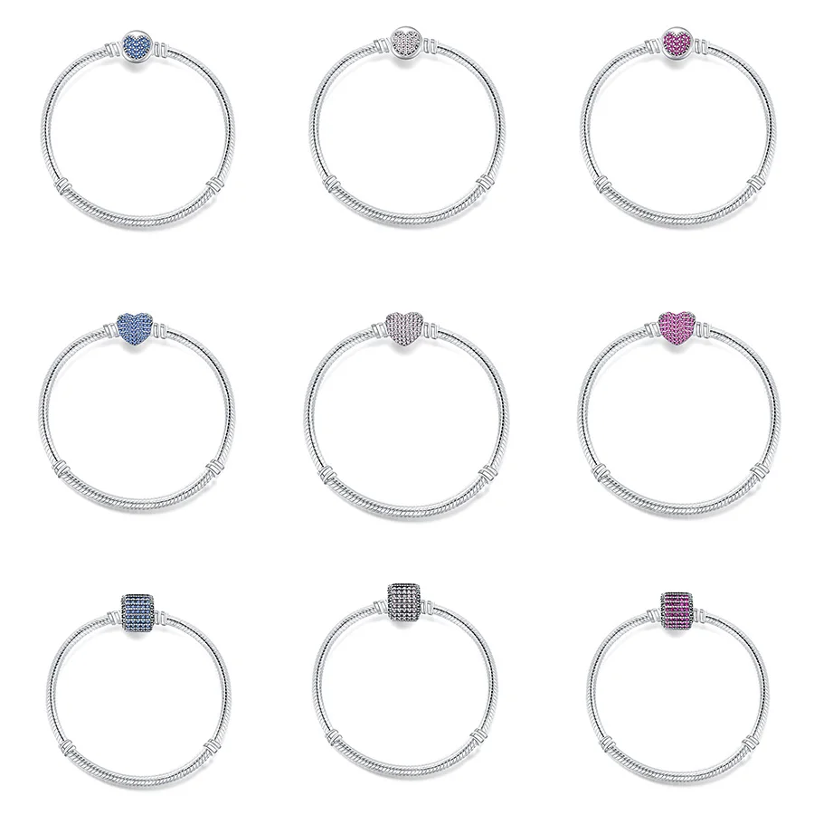 

22 Style 925 Sterling Silver Bracelets Charms Crystal Heart Buckle Snake Chain Bangles Bracelets for Women fit Diy Beads Charm