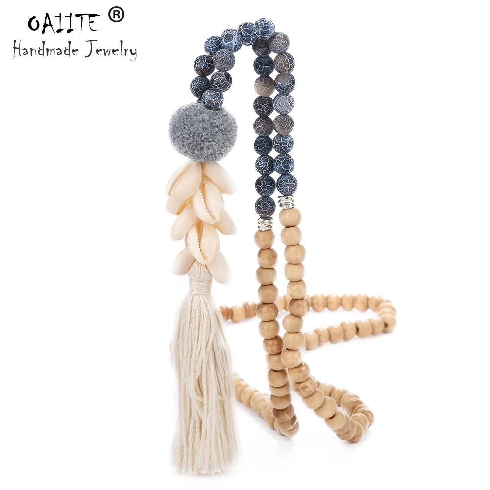 

OAIITE Women Statement Necklace Bohemian Natural stone Wooden Beads Shell Tassel Pendant Necklace Girls Dress Accessories