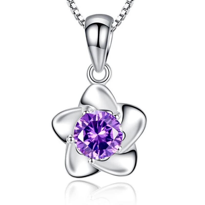 Элегантное цветочное ожерелье женское 925 пробы Серебряное белое/фиолетовое CZ подвеска из камня и хрусталя ожерелье модное ювелирное изделие - Окраска металла: purple