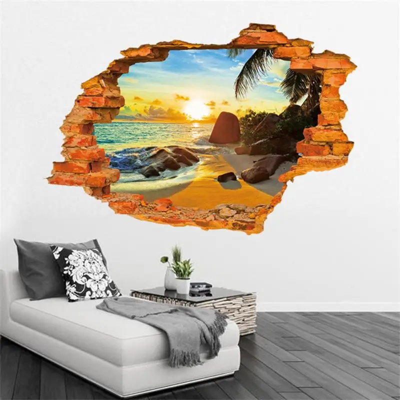 3D sunset sea beach wall decals decorative stickers for living bedroom home decor scenery mural