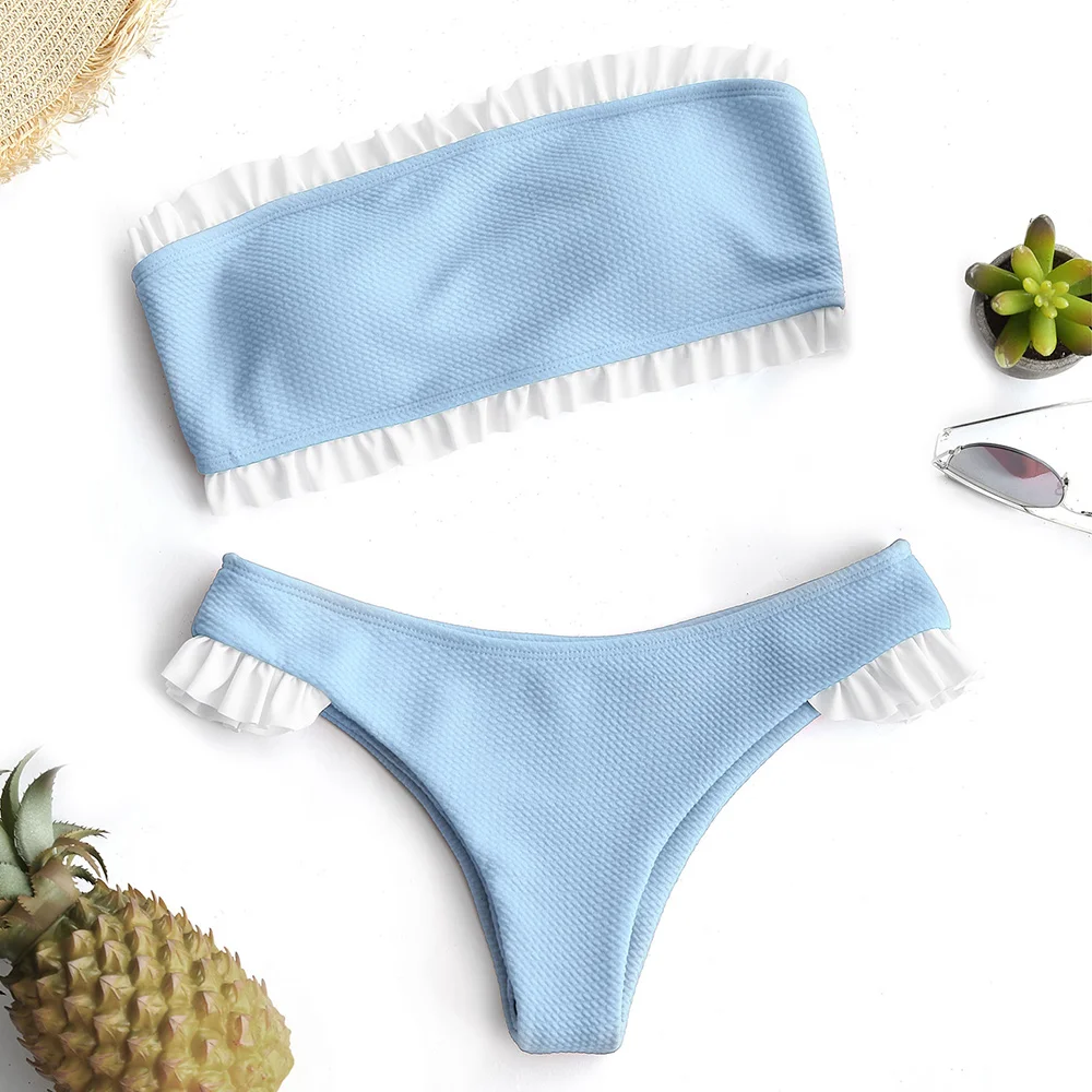 LANGSTAR Women Swimsuit Frilled Textured Strapless Bikini Set Women Swimwear Padded Low Waist Ruffle Bandeau Bikini Bathing Suit striped trim cutout textured bikini set